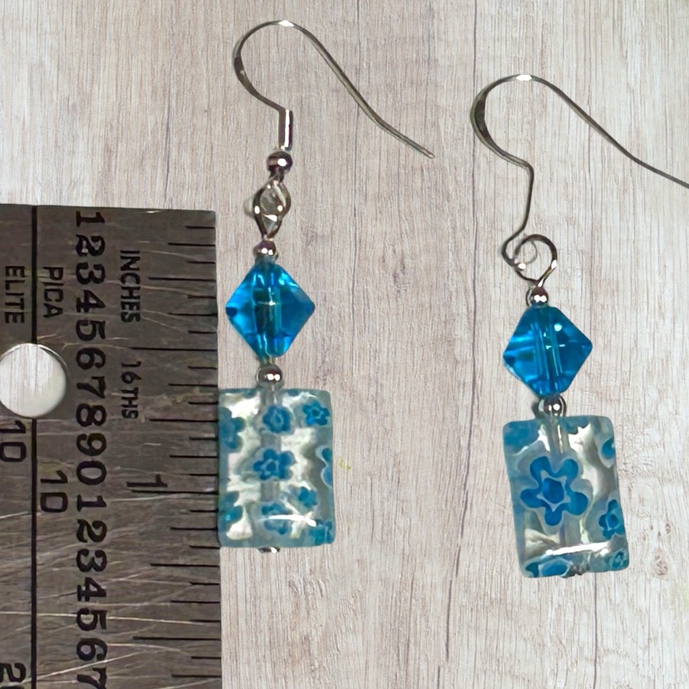 Hand Crafted Glass Flower Earrings Aqua Blue Long Dangle 925 Silver - Picture 4 of 5